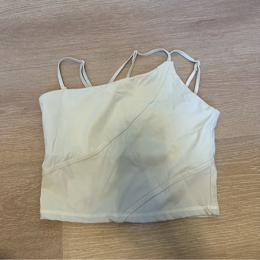 5 for $25 Varsitie SHEIN Cream asymmetrical strap crop top sports bra
